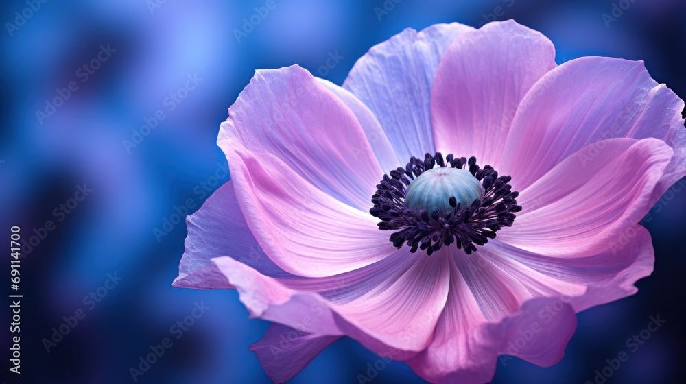  a close up of a pink flower on a blue background with a blurry image of the center of the flower and the center of the flower in the center.