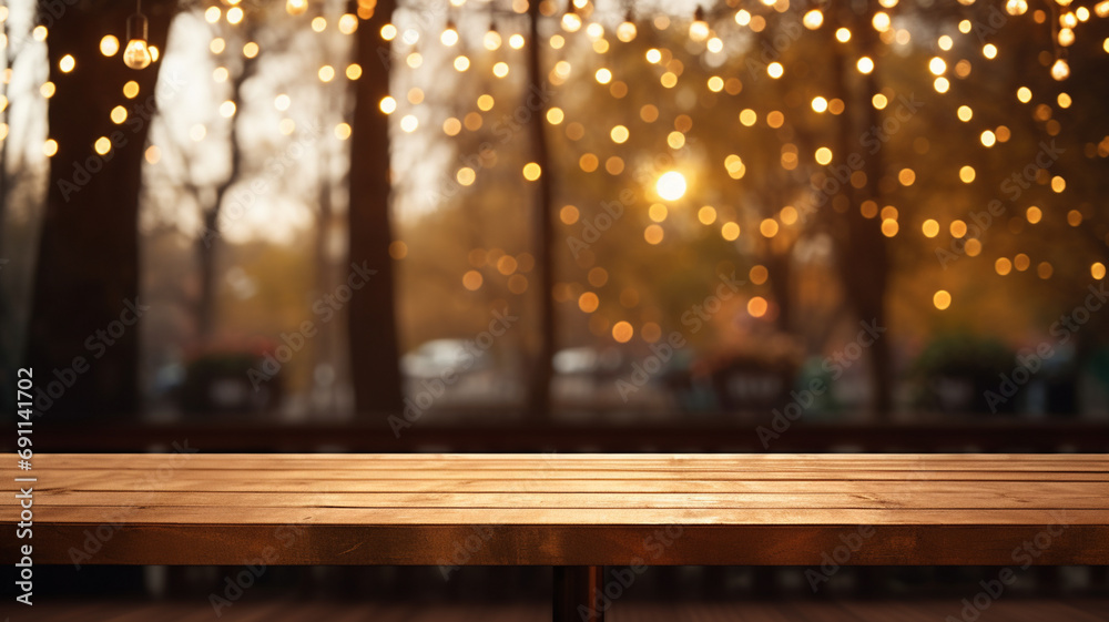 empty wooden table with blurred background of bokeh light