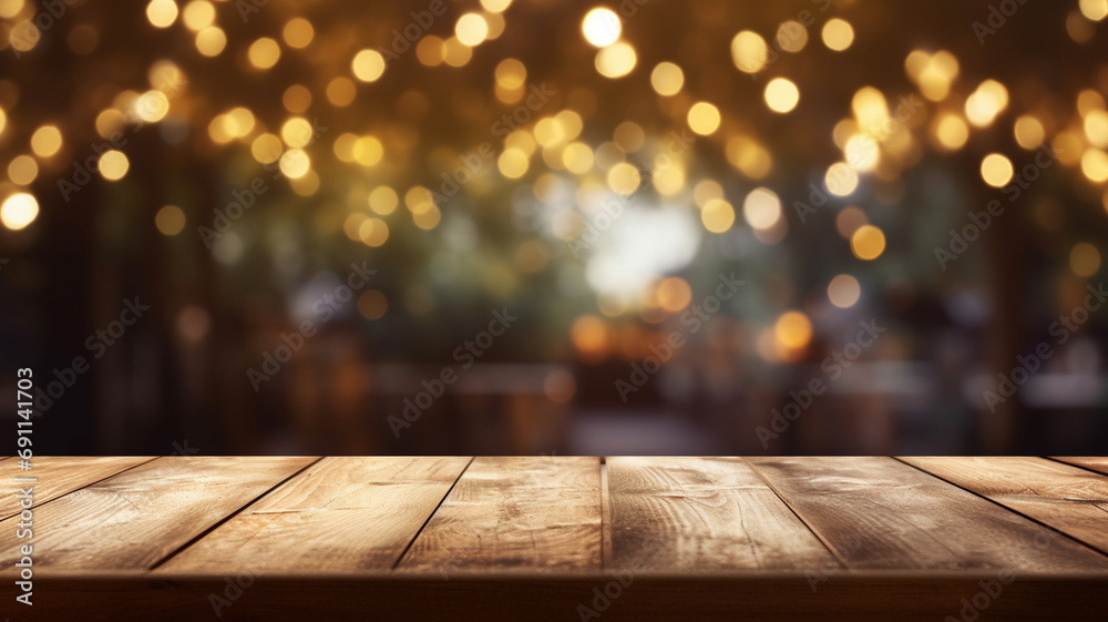 empty wooden table with blurred background of bokeh light