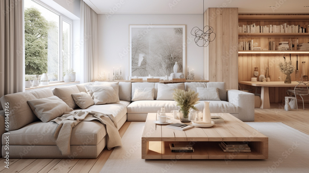 3 d render of modern living room interior with fireplace, wooden floor and wooden window with christmas tree