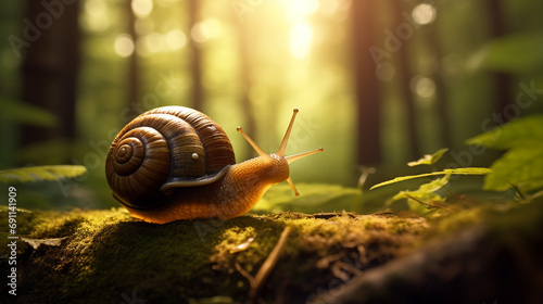 realistic close up photo of snail in a sun dappled forest created with Generative Ai
