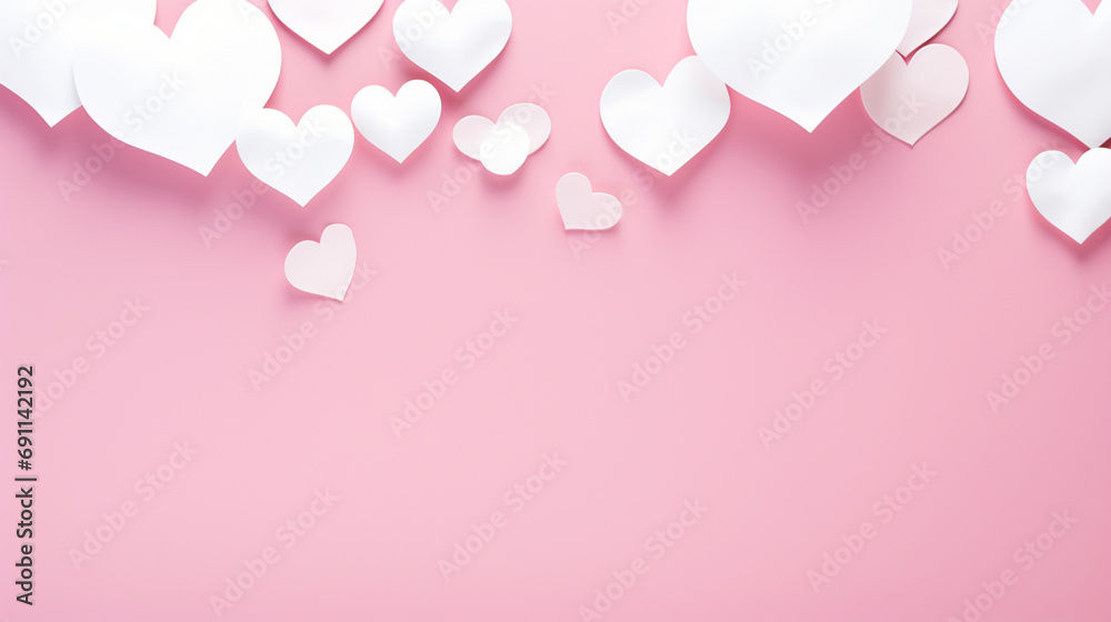 Valentine's day background, Pink color and paper cut with hanging hearts, space for text
