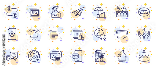 Outline set of Money calculator, Emergency call and Safe energy line icons for web app. Include File management, Notification bell, Photo album pictogram icons. Augmented reality. Vector