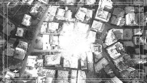 Air strike on Terrorist home, drone attack view illustration
Drone view over village in middle east bombarding target, 2023, 

