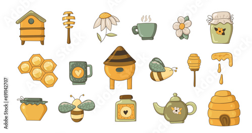 Set of honey and beekeeping outlined icons. Honey. Beekeeping elements. Beehive, bees, honey, pot, teapot, cup, spoon, flower. Clipart. Vector illustration. © Alena
