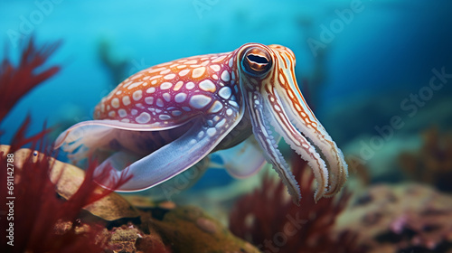 realistic macroscopic photo of a beautiful colourful cuttlefish created with Generative Ai