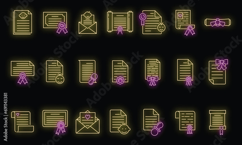 Certificate of birth icons set. Outline set of certificate of birth vector icons neon color on black