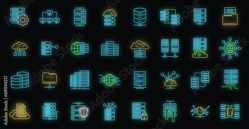 Data center icons set. Outline set of data center vector icons neon color on black