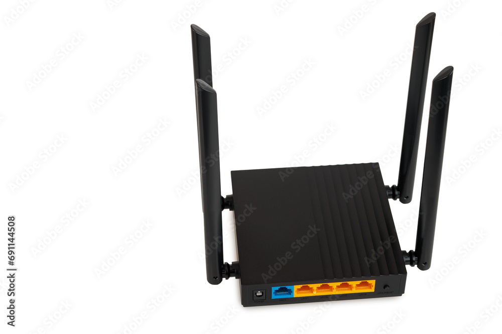 Fototapeta premium Wi-Fi router wireless Internet transmitter in the office and at home, isolated on white background, close
