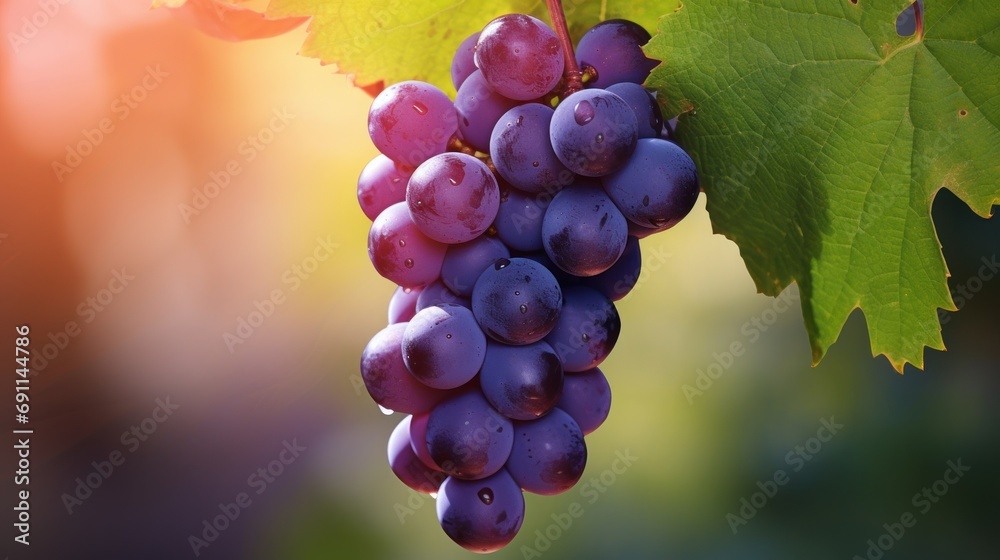  a close up of a bunch of grapes on a vine with a green leaf in the foreground and a blurred background of a blurry image in the background.