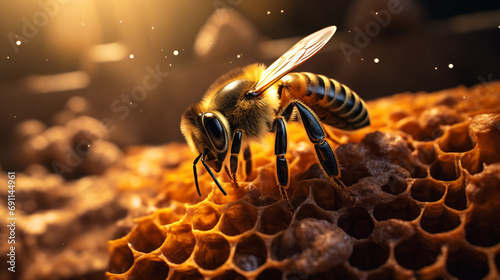 realistic macro close up photo of a bee in a hive created with Generative Ai photo