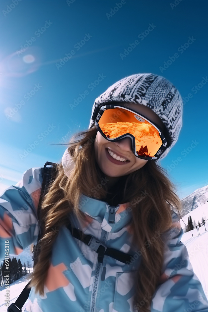 girl wearing snowboard goggles. generative ai. girl wearing snowboard goggles. generative ai.