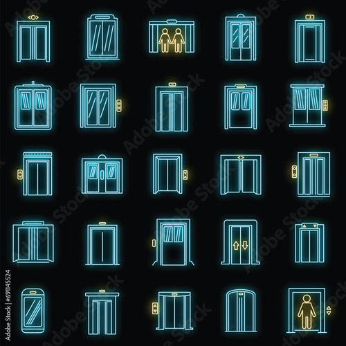 Office elevator icons set. Outline set of office elevator vector icons neon color on black