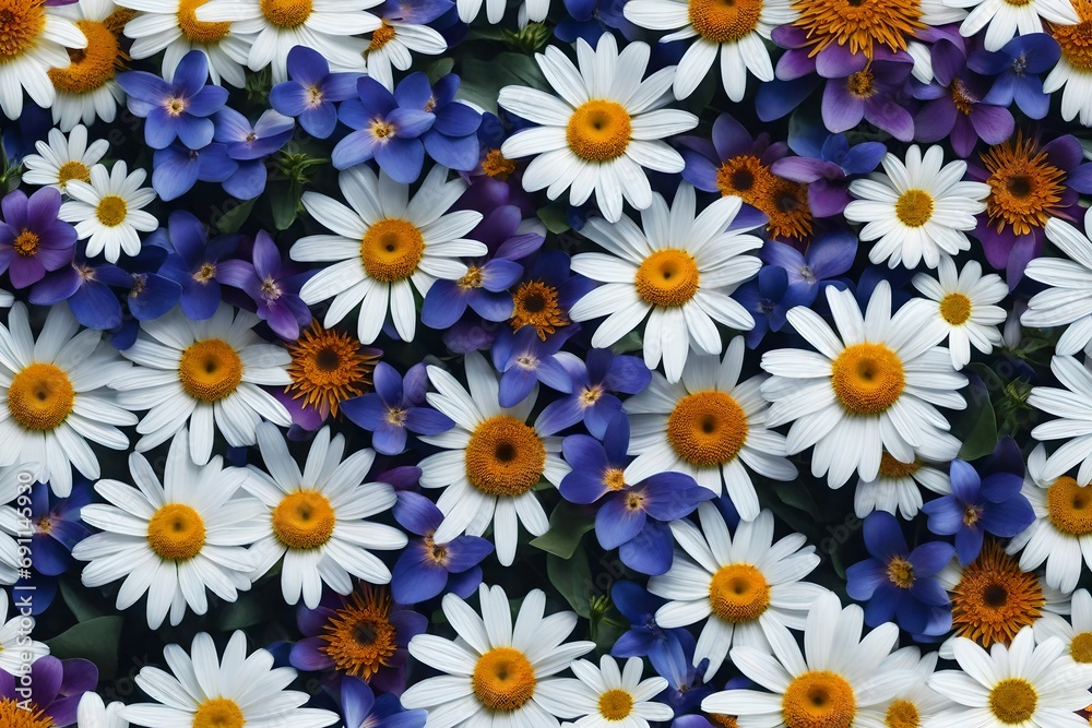 Cute Daisy Flowers and Violets for Seamless Background