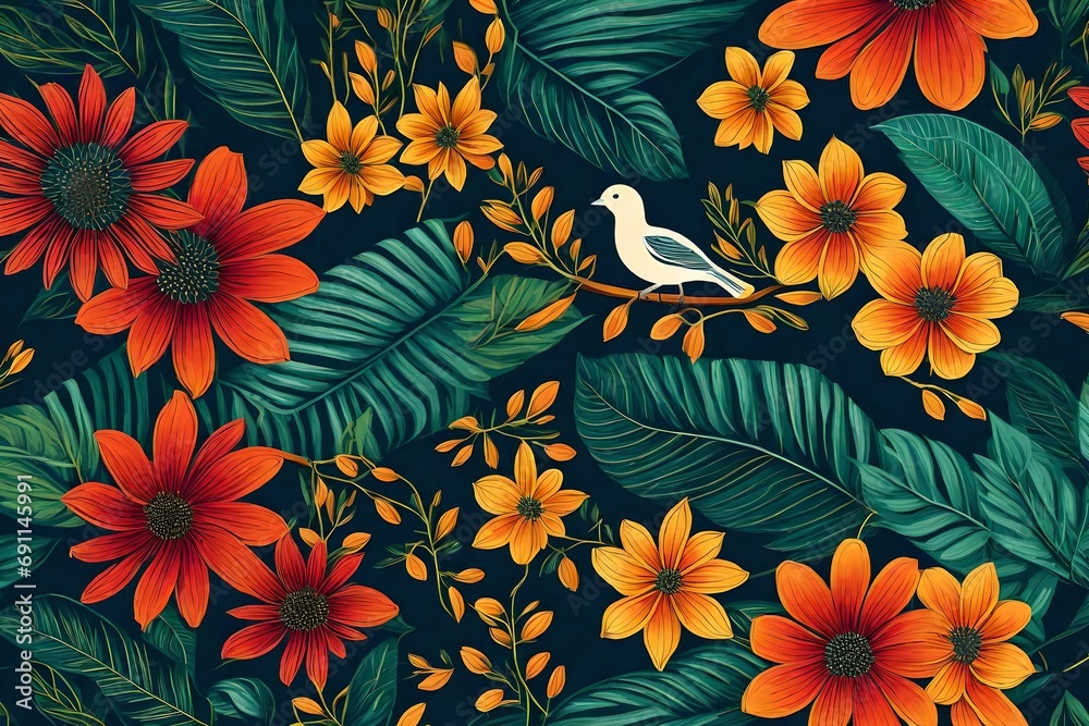 Vector images of a flower and a bird for traditional floral backdrop Vector images of a flower and a bird for traditional floral backdrop
