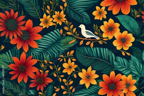 Vector images of a flower and a bird for traditional floral backdrop