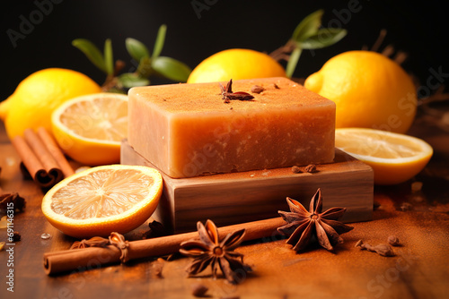 Bars of handmade homemade soap with lemon, cinnamon and spices.