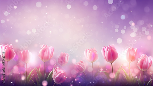 Spring tulips. Composition and creative layout made of colorful tulips flowers. 8-march Day decorations concept on the mystical light shine background.