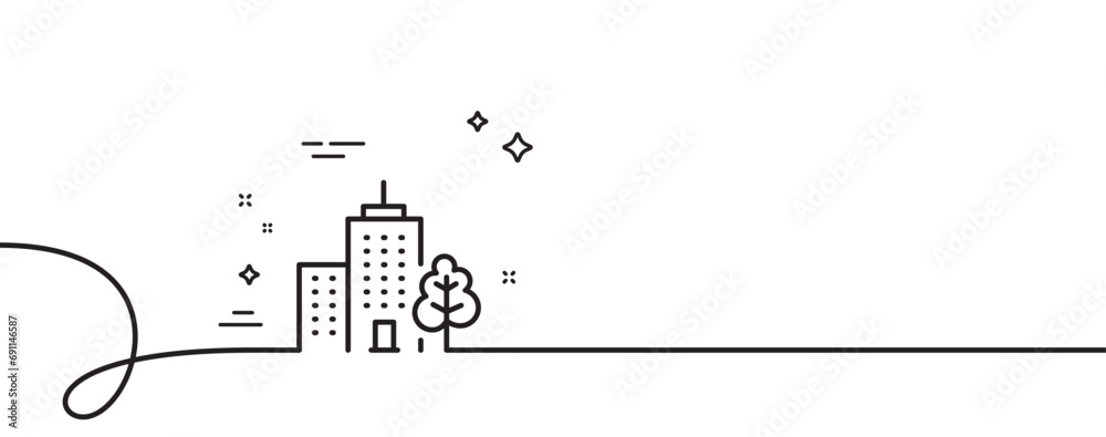 Skyscraper buildings line icon. Continuous one line with curl. City architecture with tree sign. Town symbol. Skyscraper buildings single outline ribbon. Loop curve pattern. Vector Skyscraper buildings line icon. Continuous one line with curl. City architecture with tree sign. Town symbol. Skyscraper buildings single outline ribbon. Loop curve pattern. Vector