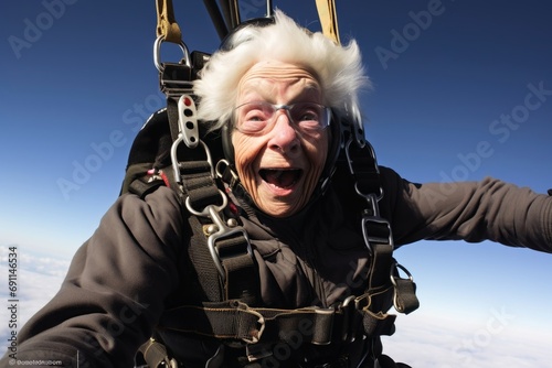 An elderly woman close up during a parachute jump.