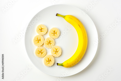 Top view of a plate with sliced slices and a whole banana.