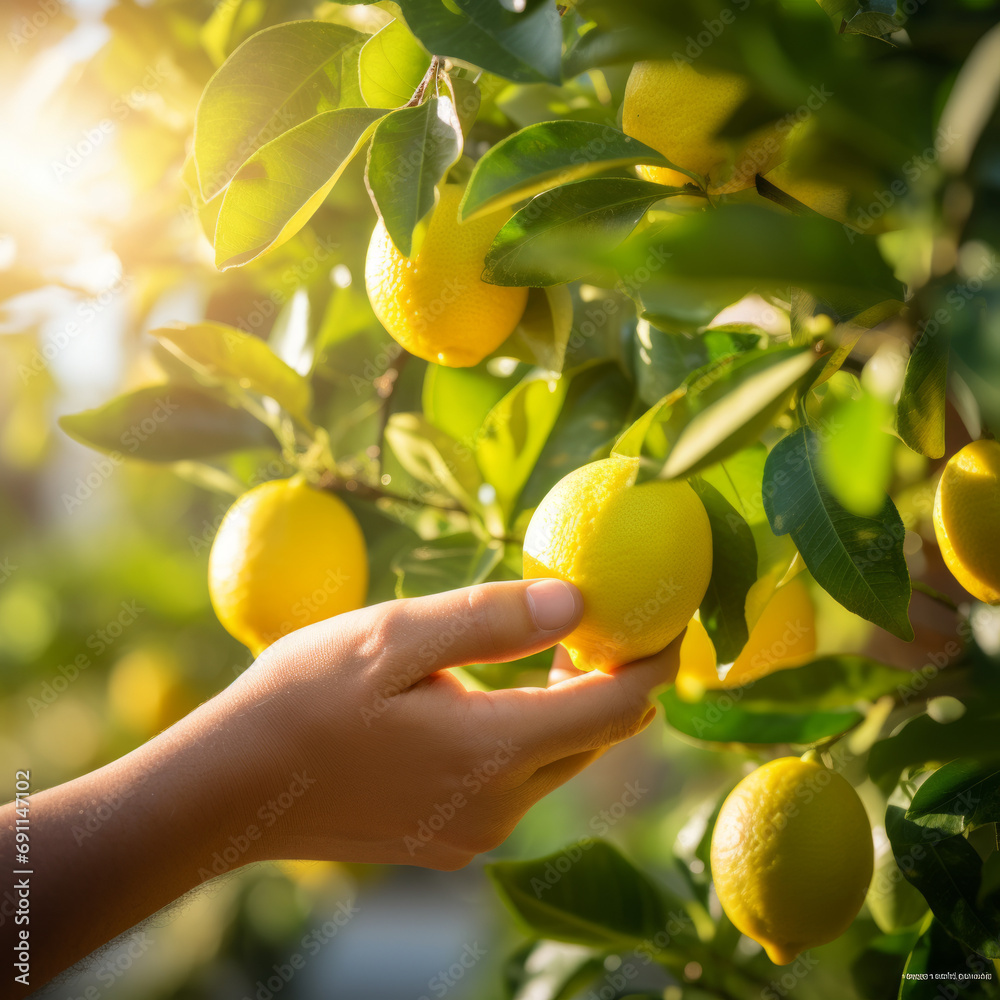 Man plucks an lemon in the garden. Farmer picks an lemon.