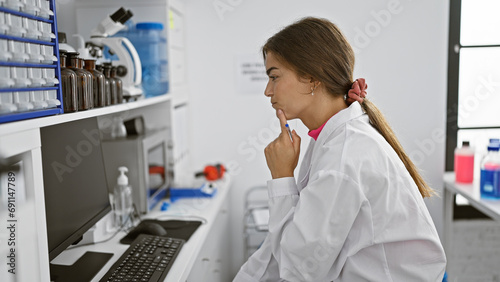 Intriguing portrait of a young  beautiful hispanic woman scientist  engrossed in her lab research. working on her computer  she s seriously thinking  sitting indoors at the medical center.
