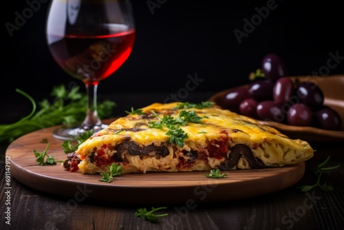 Tortilla piece accompanied with rose wine and olives