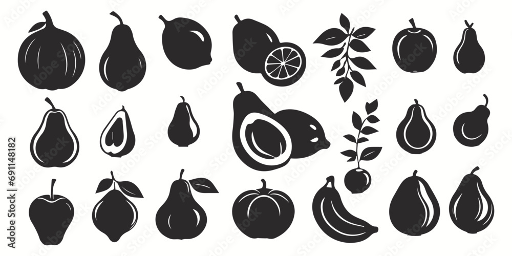 Avocados silhouettes and icons. Black flat color simple elegant white background Avocados animal vector and illustration.