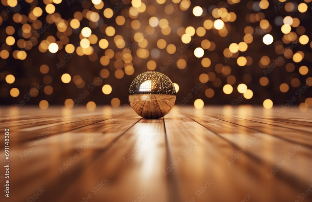 golden background with white lights and wooden floor