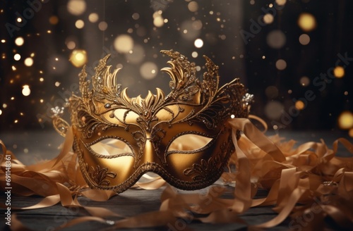 gold masquerade mask placed against the background of sparkling lights