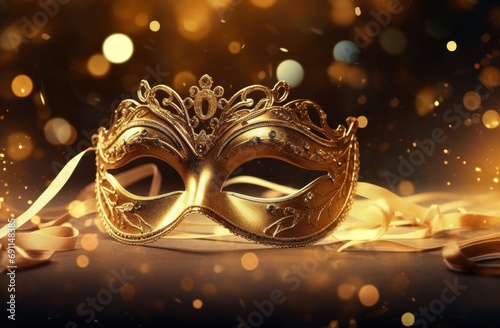gold masquerade mask placed against the background of sparkling lights © olegganko
