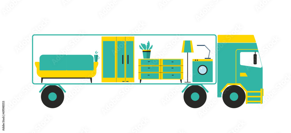 Transportation for moving home. Big cargo truck with furniture like ...