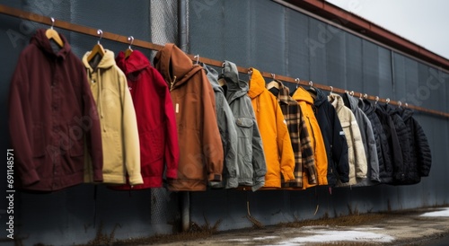 jackets and coats hanging on a line outdoors