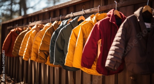 jackets and coats hanging on a line outdoors