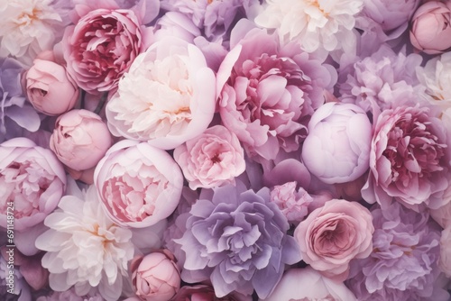 many pink and white peonies are displayed
