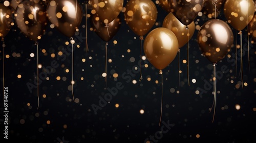 many shiny metal balloons in dark background with confetti