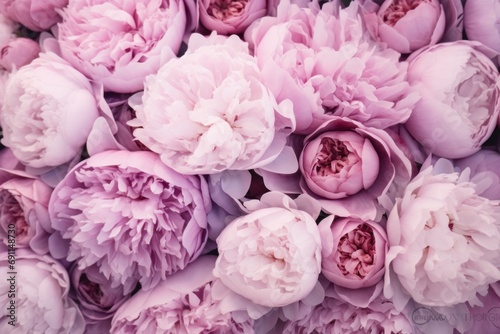 many pink and white peonies are displayed