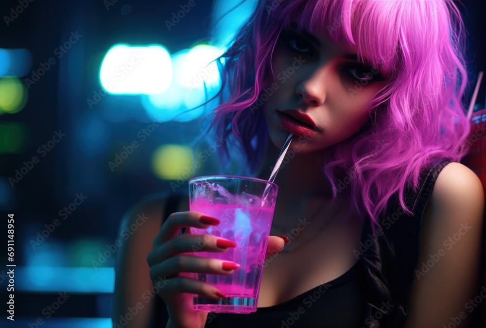 neon drink on bar, punk rock aesthetic, anime aestheti neon drink on bar, punk rock aesthetic, anime aestheti