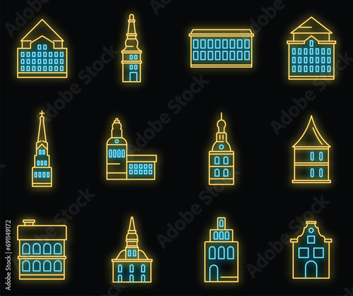 Riga Latvia icons set. Outline set of Riga Latvia vector icons neon color on black
