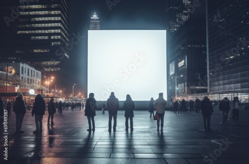 people standing around a blank box at night
