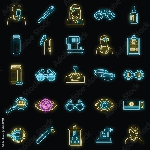 Medical eye examination icons set. Outline set of medical eye examination vector icons neon color on black