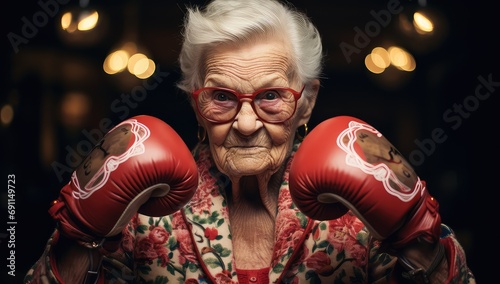 starsza babcia z radościa w rękawicach bokserskich chętna do boksowania, 