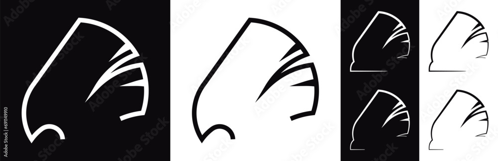 Black and white linear logo with a bird's head. Graphic symbol with abstract parrot. Line art icon with stylized parrot head in set. Vector illustration. Black and white linear logo with a bird's head. Graphic symbol with abstract parrot. Line art icon with stylized parrot head in set. Vector illustration.