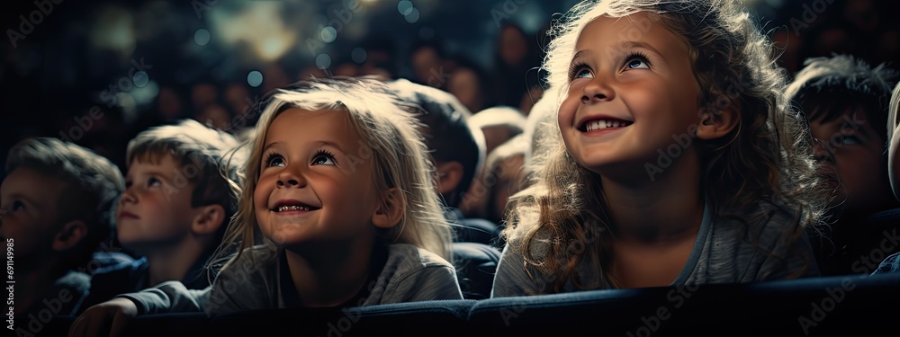 uśmiechnięte dzieci siedzące w kinie na fotelach z wielkimi uśmiechami i wielką radością - obrazy, fototapety, plakaty 