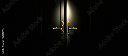 Mystery black door. Ornate gold door handle. copy space 