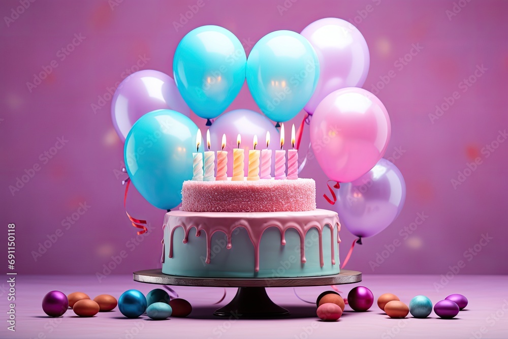 wielki tort urodzinowy z kolorowymi balonami i różowy tłem - obrazy, fototapety, plakaty 