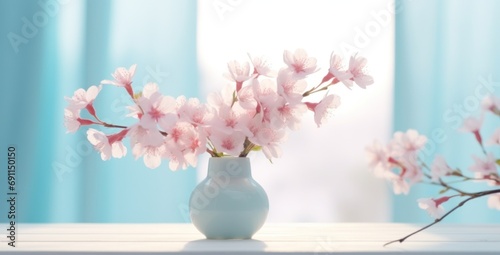 pink flowers in vase on desk of office