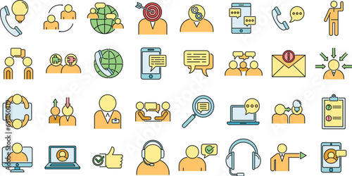 Advice communication icons set. Outline set of advice communication vector icons thin line color flat on white