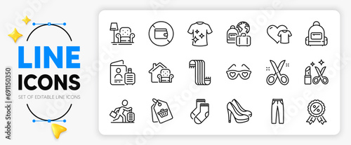 Armchair, Beauty and Clean t-shirt line icons set for app include Backpack, Pants, Love glasses outline thin icon. Passport, Clothing, Wallet pictogram icon. Discount medal, Shoes, Sale tag. Vector